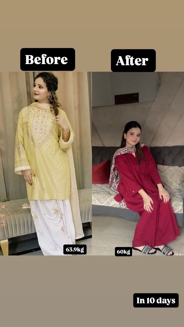 A client's before and after photos, 63.9kg and 60kg, taken ten days apart