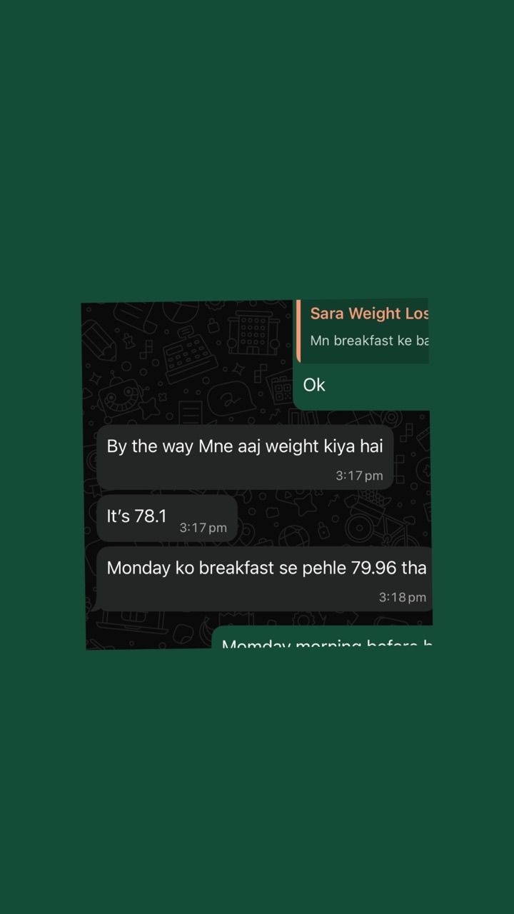 A chat with Sara, a weight-loss client, recording a drop from 79.96kg to 78.1kg