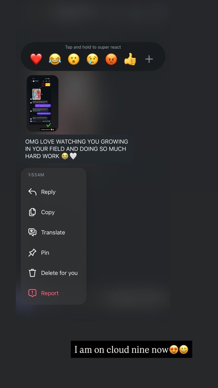 A client message saying they love watching Eman grow in her field