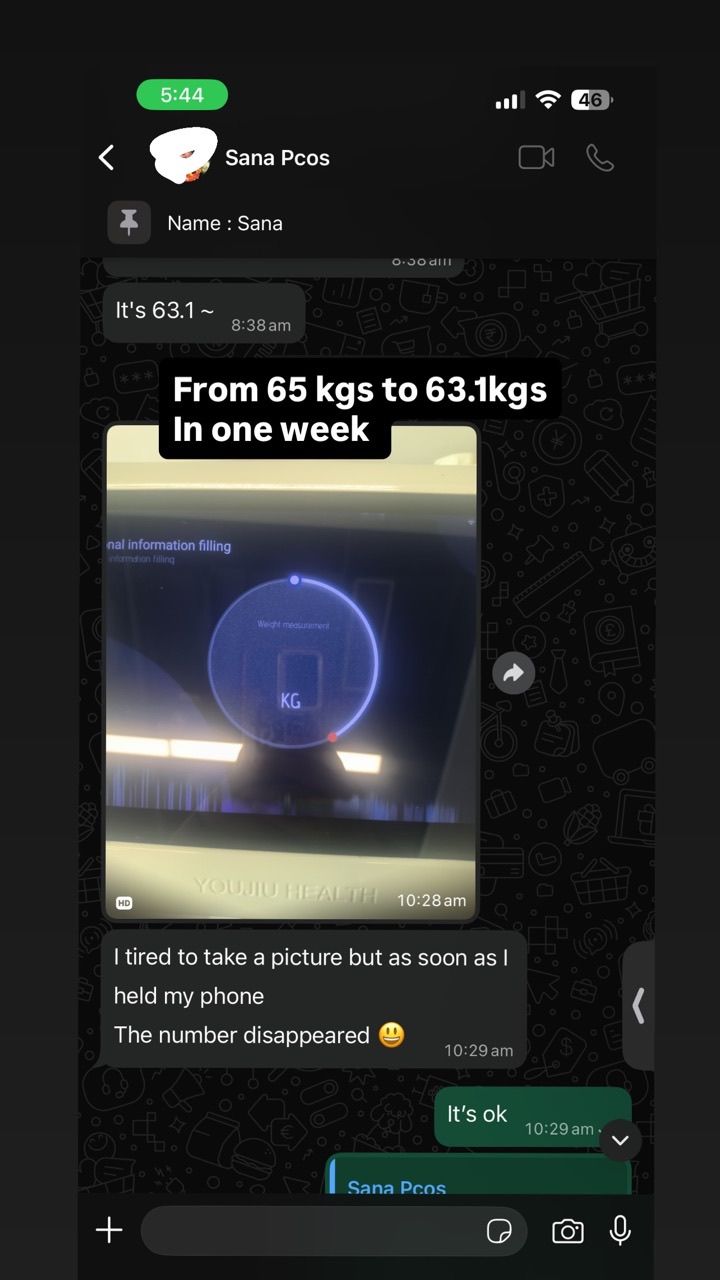 A chat with Sana, a client managing PCOS, recording a drop from 65kg to 63.1kg in one week