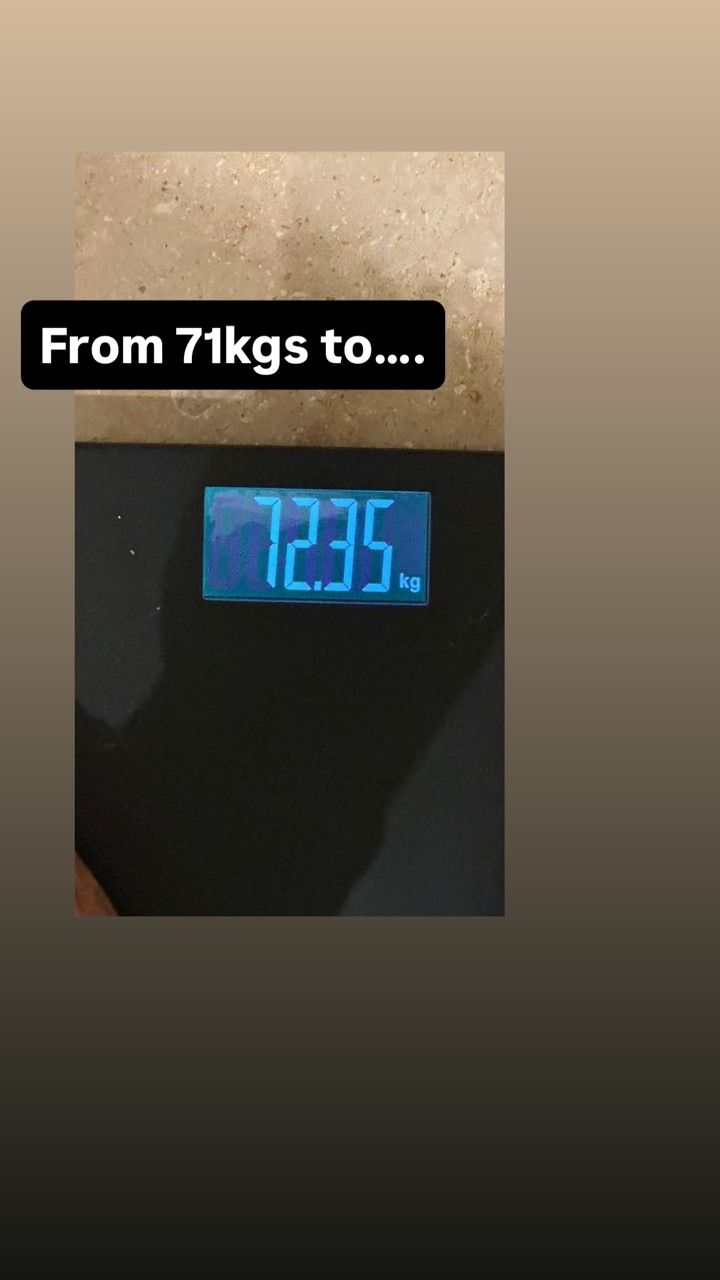 A weighing scale photo shared by a weight-gain client, showing 72.35kg