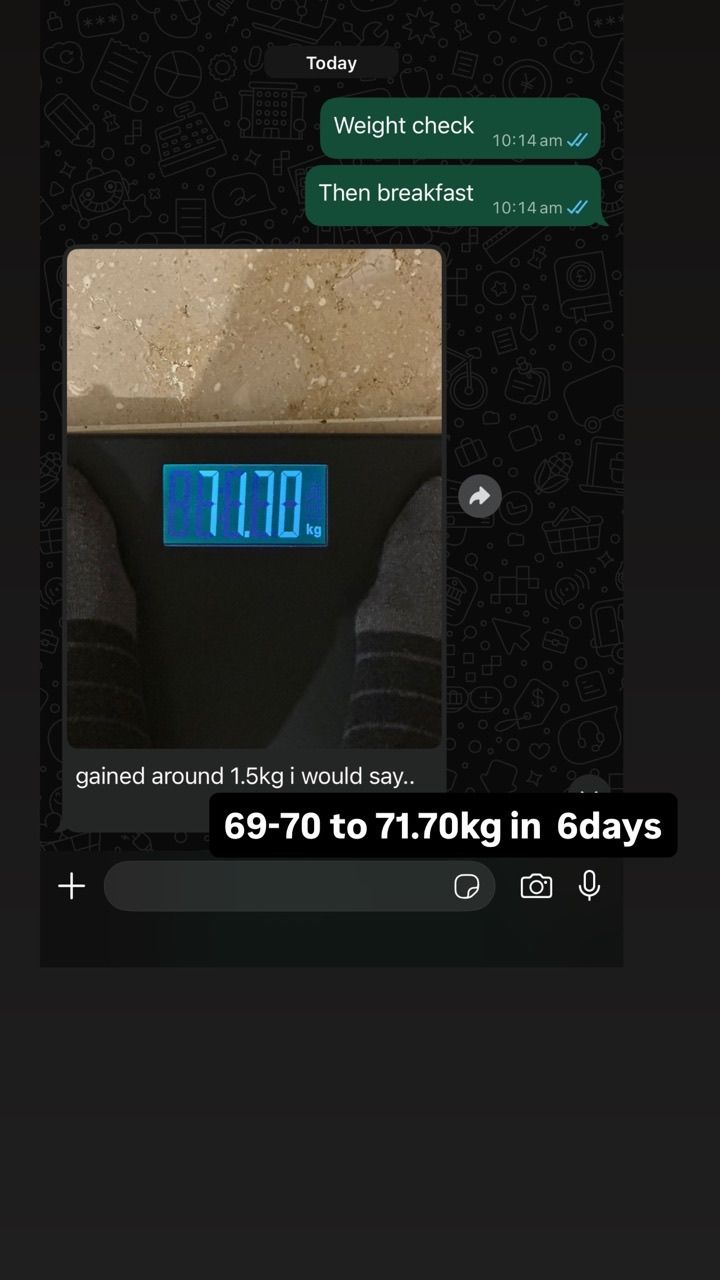A weighing scale photo shared by a weight-gain client, showing 71.7kg after six days